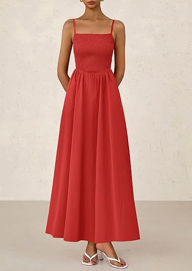Red Strappy Square Neck Cinched Waist Dress With Pockets