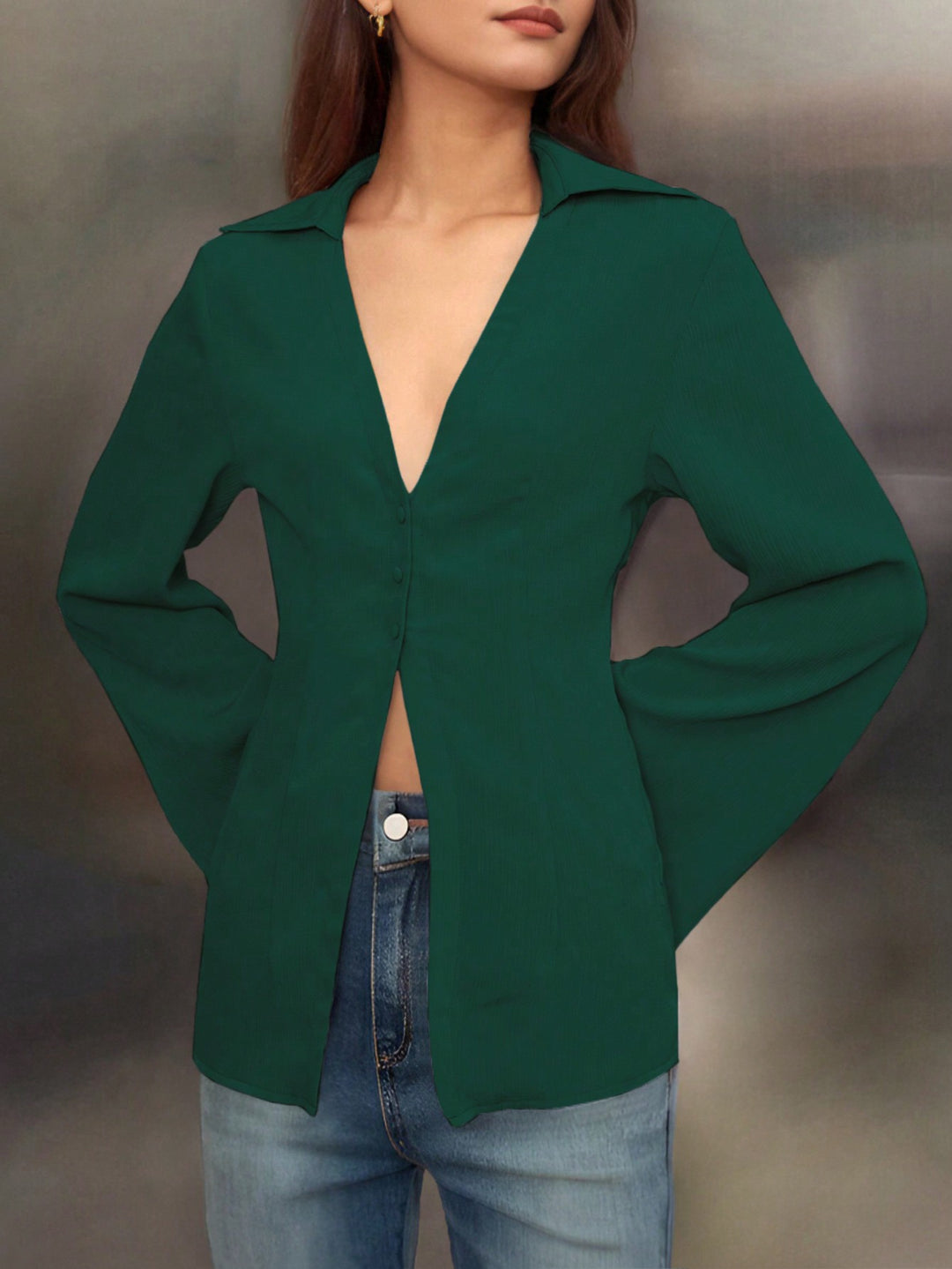 Green V-Neck Long Sleeve Shirt