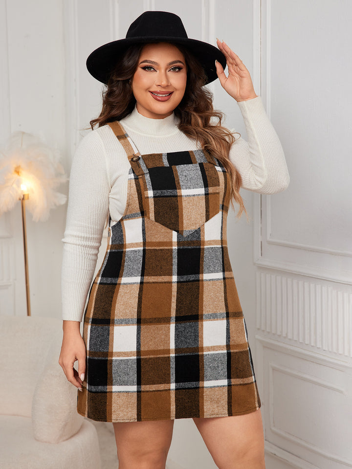 Brown Check Mini Pinafore Dress With Yoke Detail