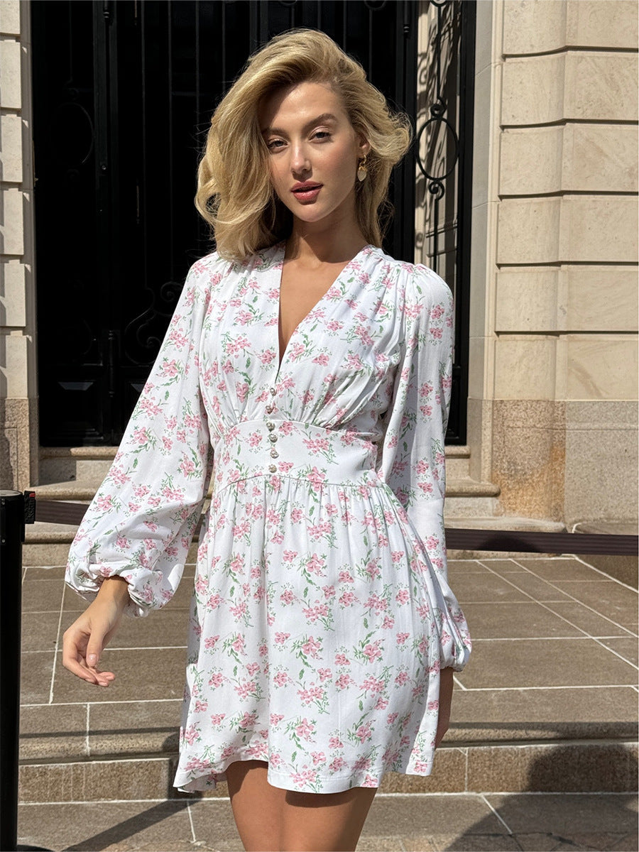 White Bishop Sleeve V Neck Dress