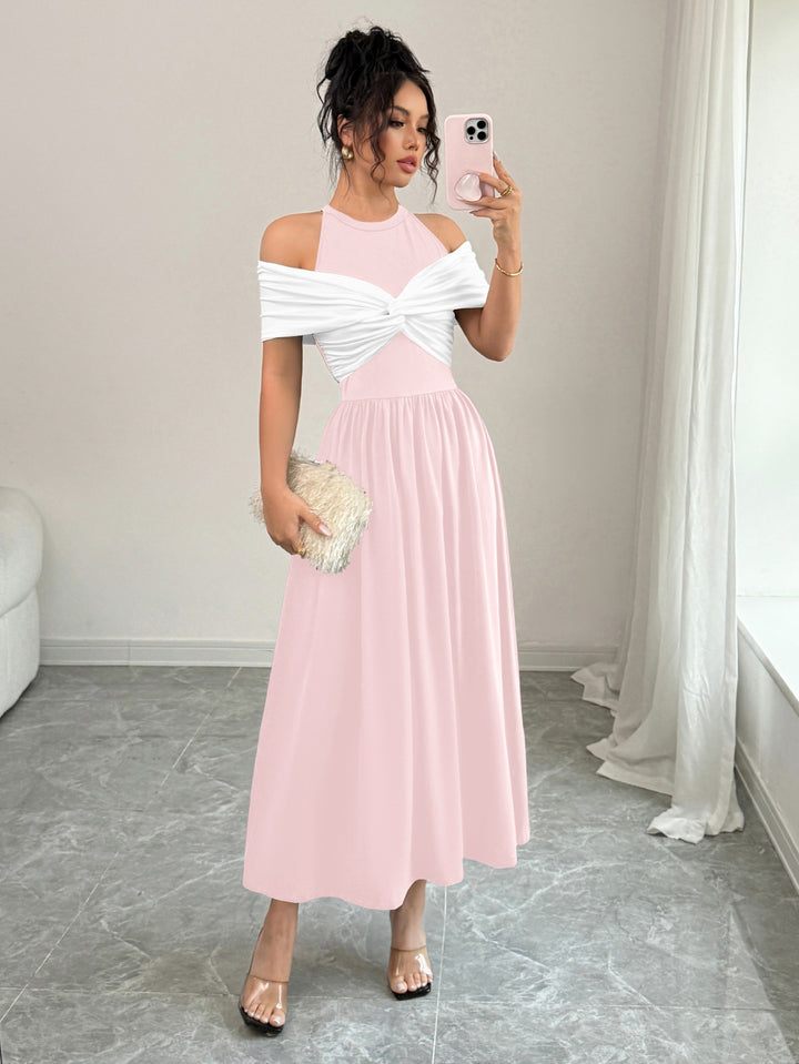 Pink Twisted Contrast Off Shoulder Dress