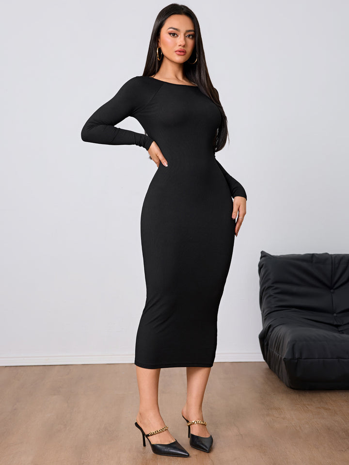 Black Full Sleeve Round Neck Back Detail Dress