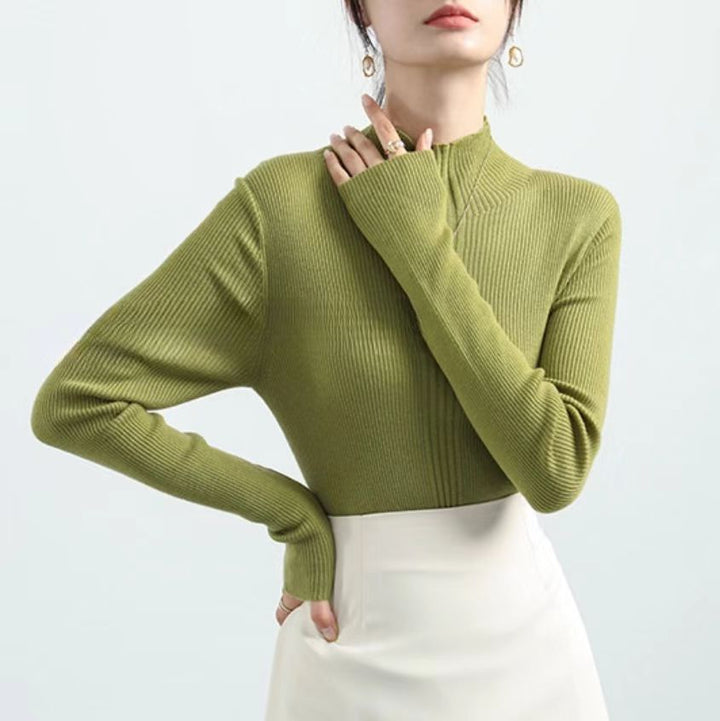 Green Full Sleeve Mock Neck Fitted Sweater