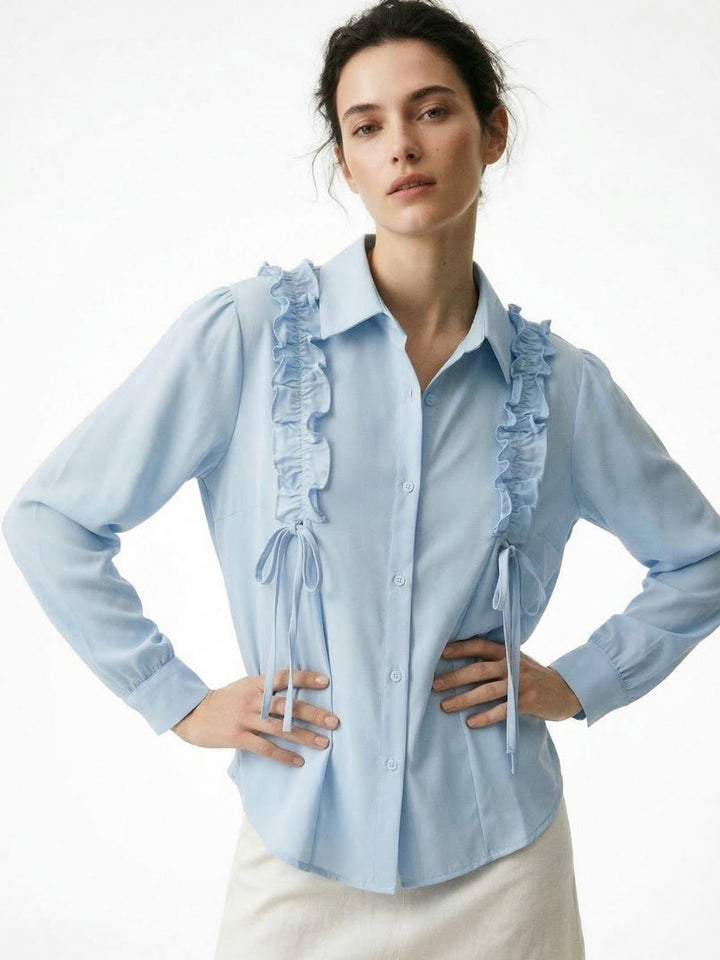 Light Blue Ruffle Detail Collared Top