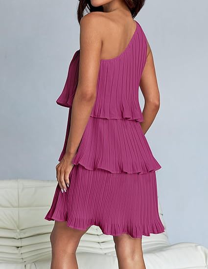 Magenta One Shoulder Three Tiered Pleated Dress