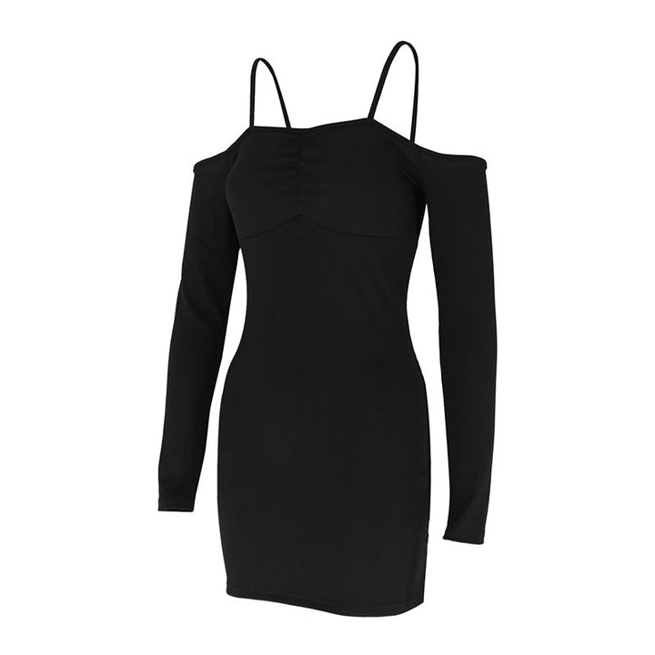 Black Off Shoulder Full Sleeves Mini Dress With Straps On Shoulder