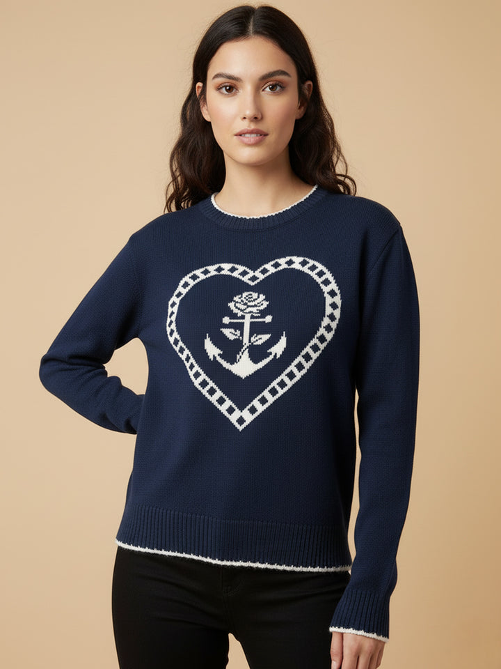 Navy Blue Contrast Stitch Hem And Neck With Graphic Sweater