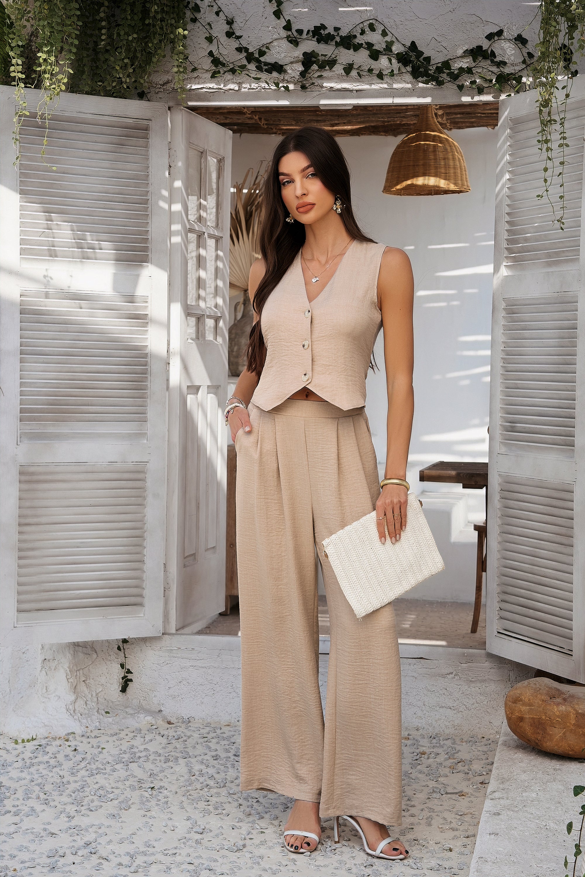 Khaki Trouser And Vest Co Ord Set