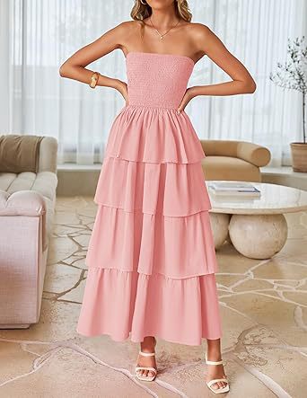 Peach Tube Smoked Dress With Ruffled Layers