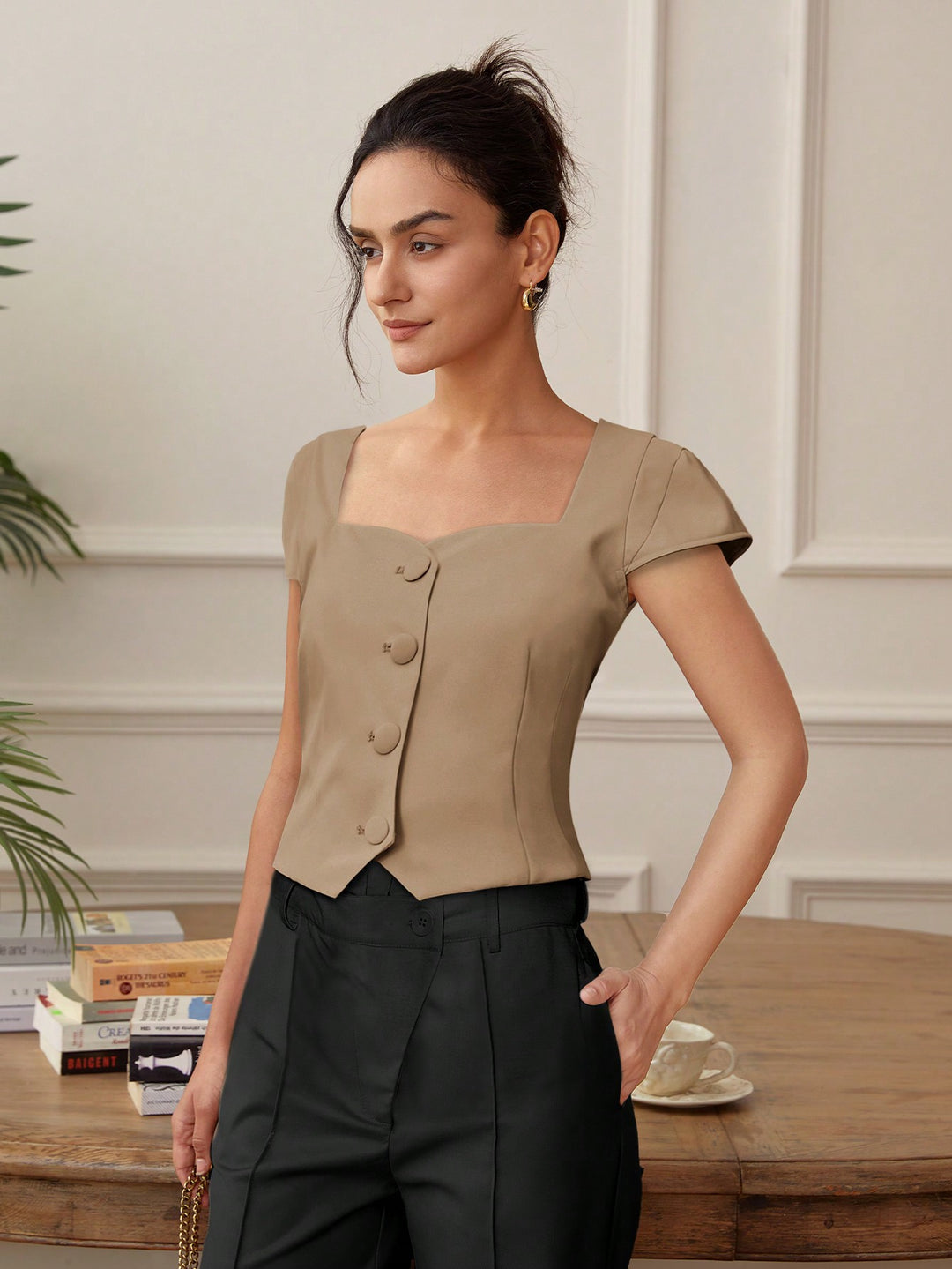 Beige Front Button  Top