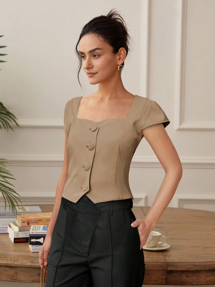 Beige Front Button  Top