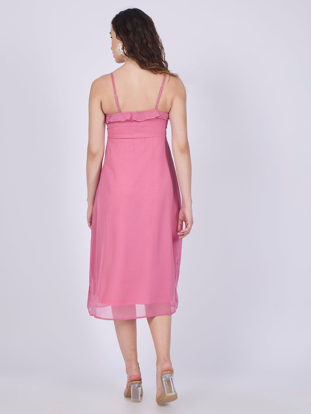 Pink Printed Ruffle Midi Dress