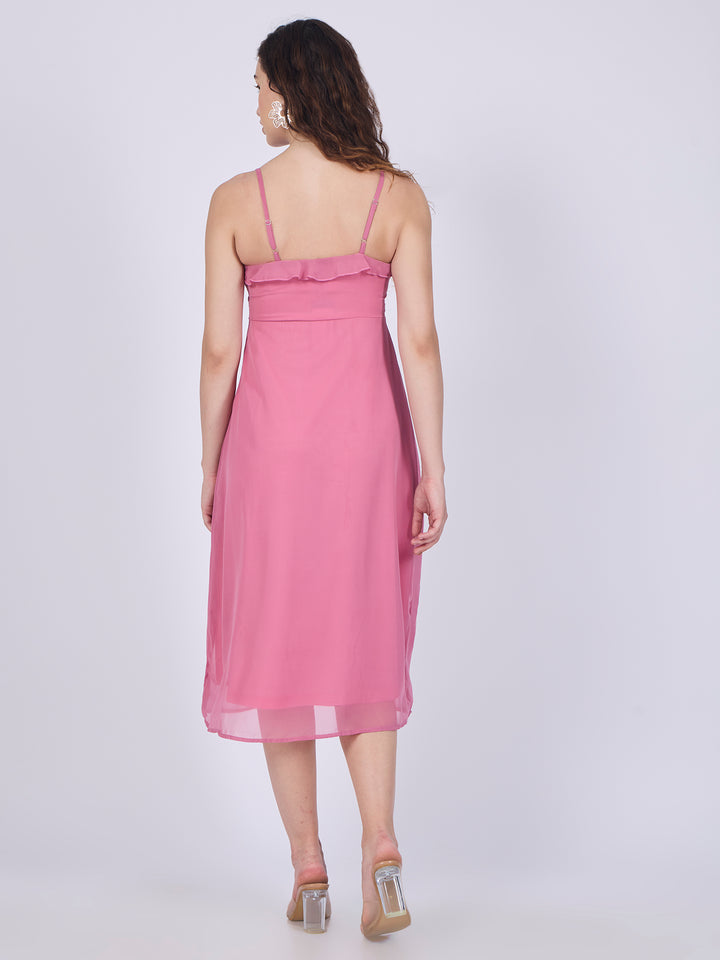 Pink Printed Ruffle Midi Dress