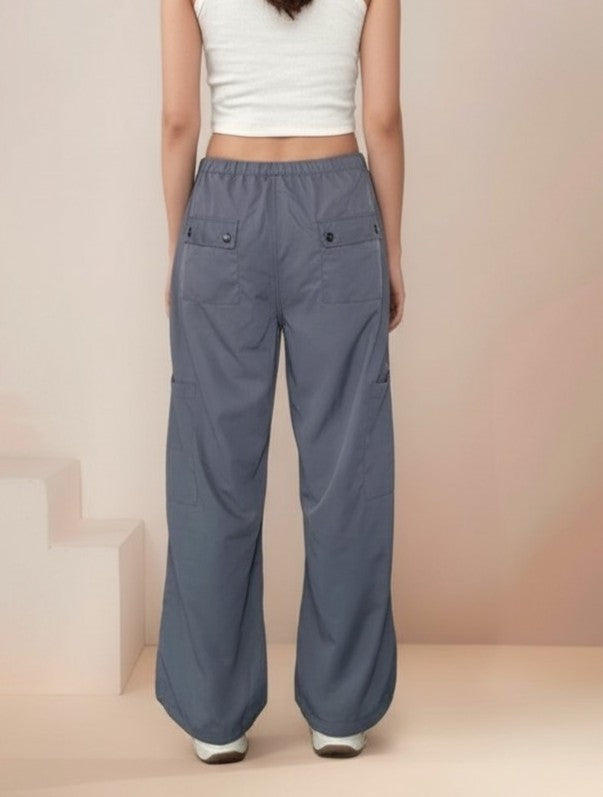 Grey Cargo Pockets Drawstring Wid Leg Trouser