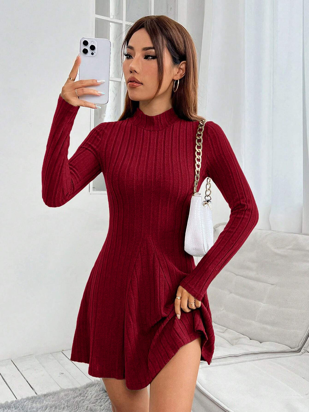 Burgundy High Neck Wide Spaced Rib Dress