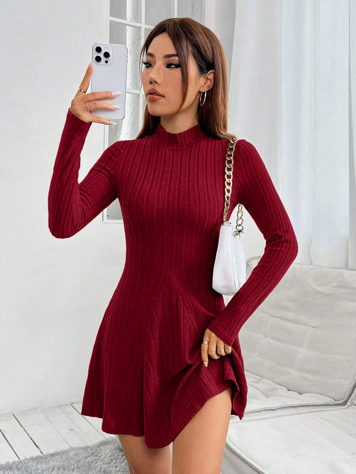 Burgundy High Neck Wide Spaced Rib Dress