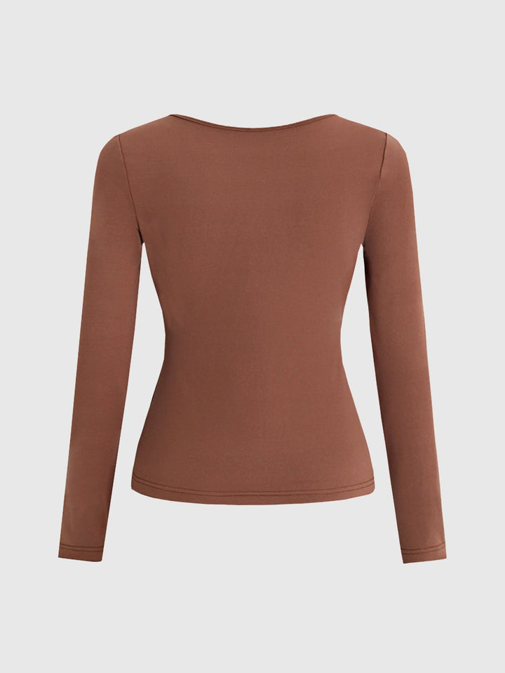 Brown Full Sleeve Round Neck Fitted Top