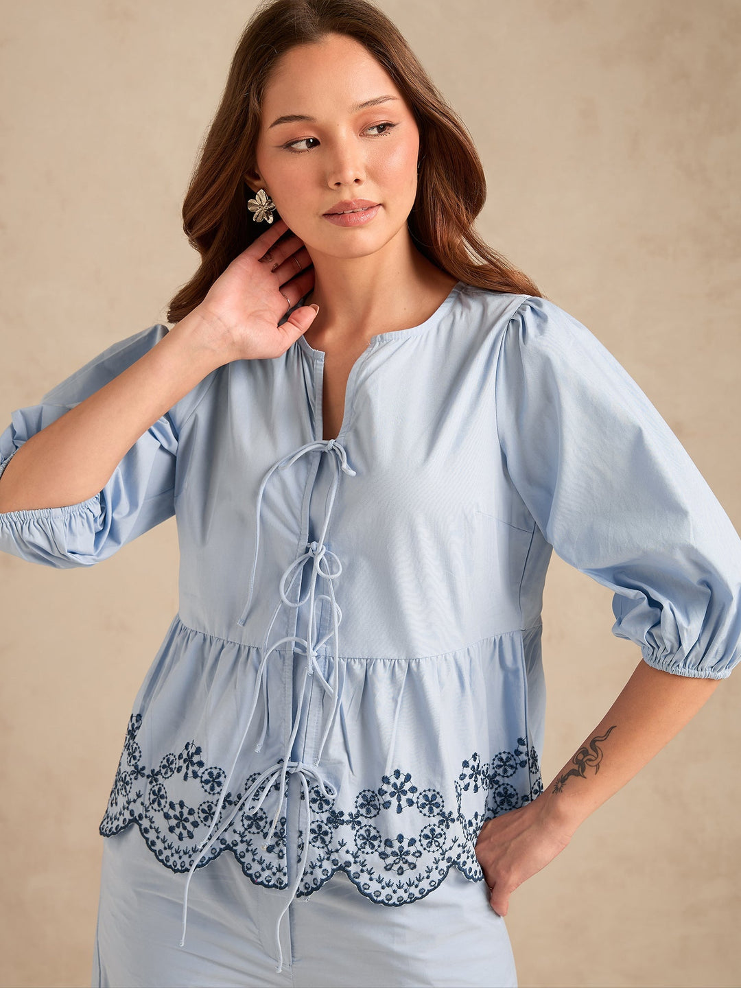 Blue Contrast Schiffli Regular Fit Shirt With Trouser