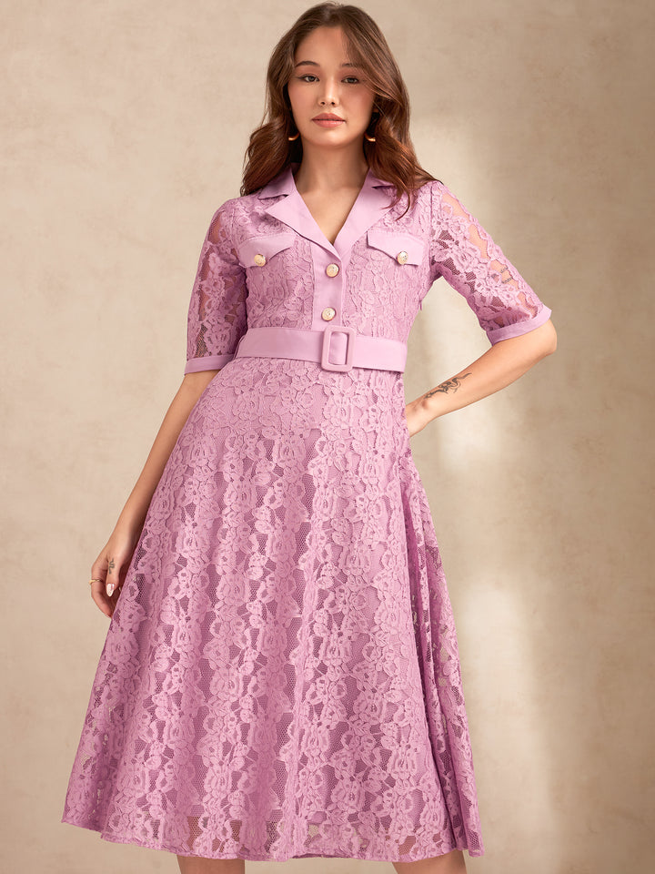 Lilac Lace Shirt Dress With Belt Detail