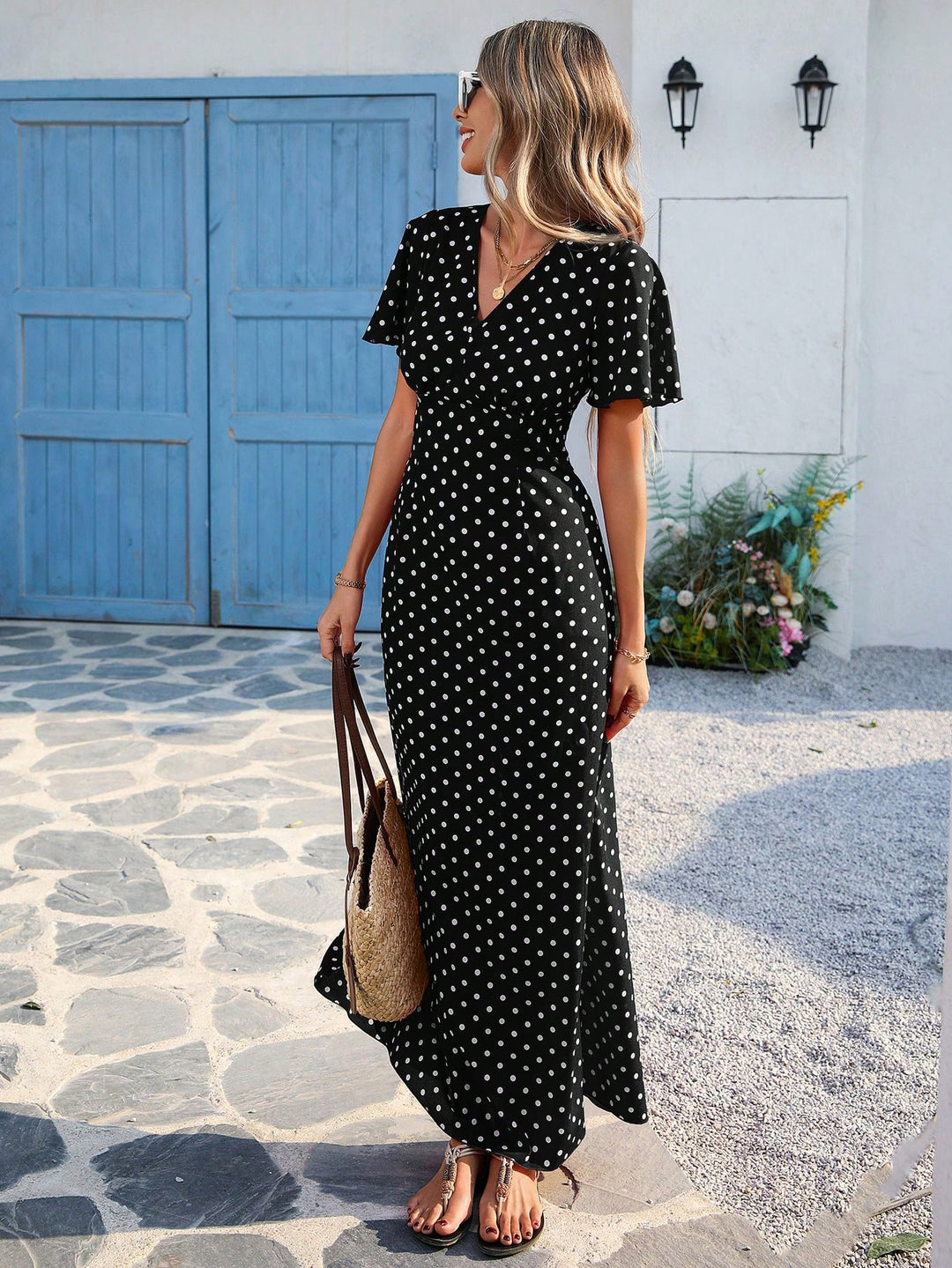 Black V Neck Flutter Sleeves Maxi