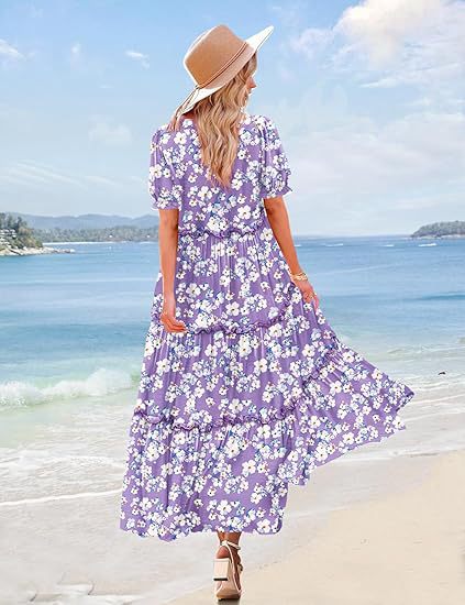Purple Scoop Round Neck Printed Tiered Dress