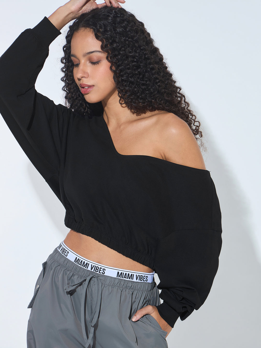 Black V Neck Cropped Sweatshirt