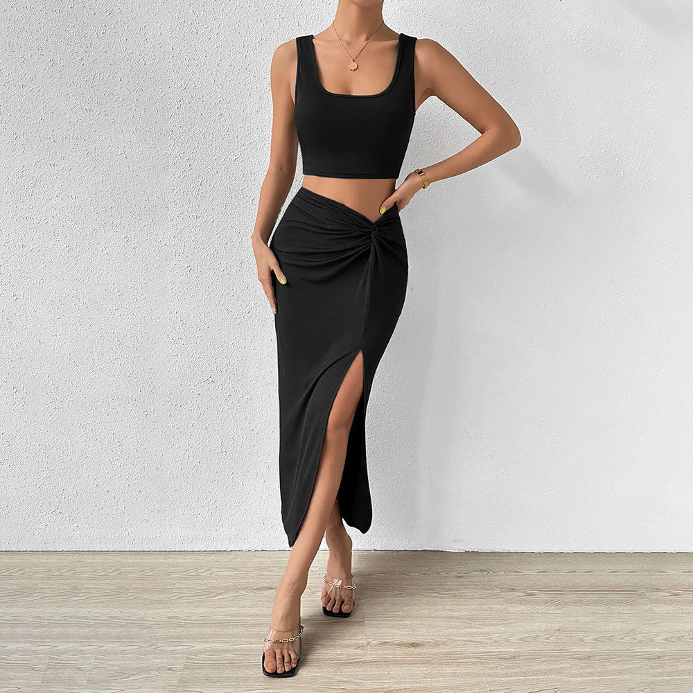 Black Sleeveless Top And Slit Skirt Set