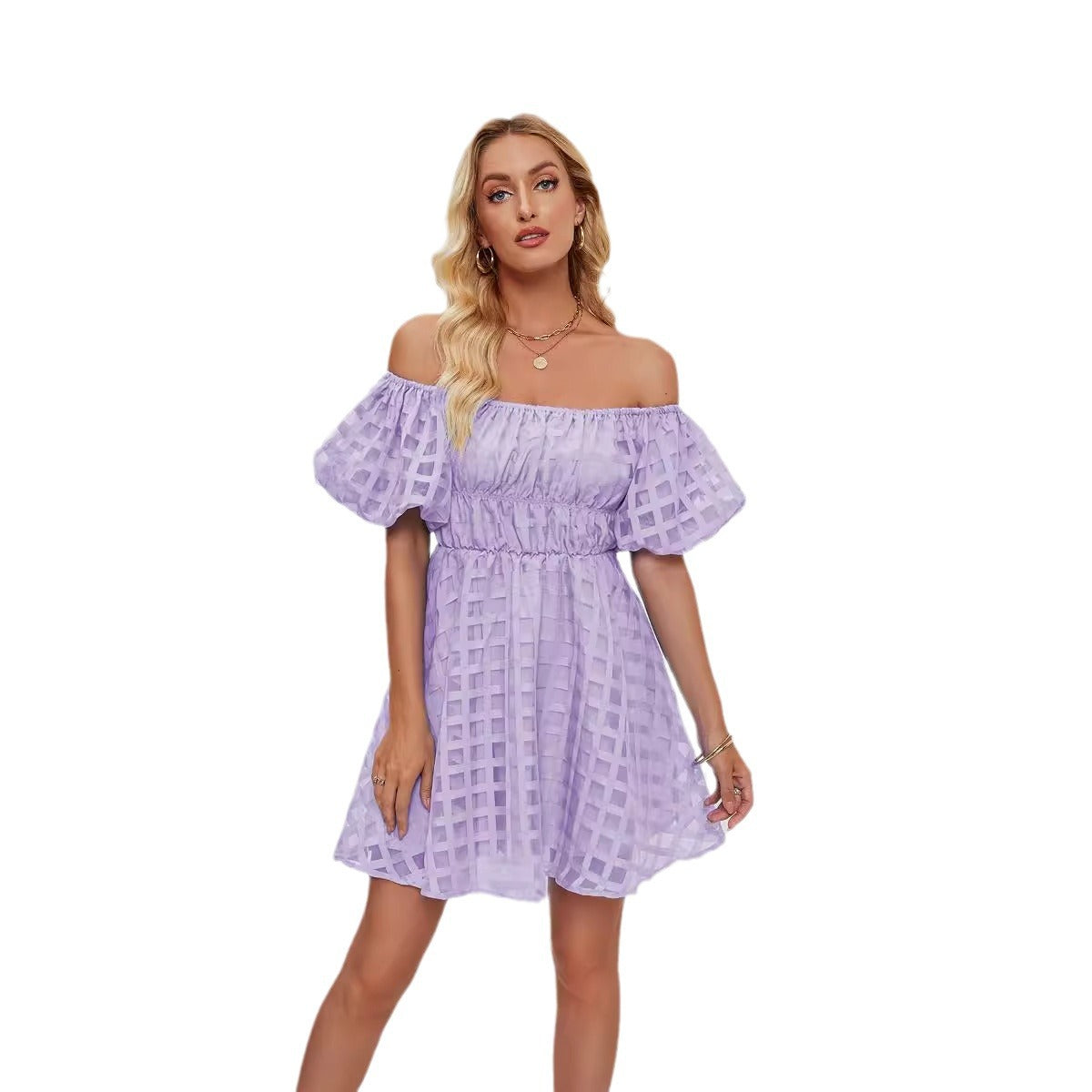 Purple Checkered Textured Mini Dress