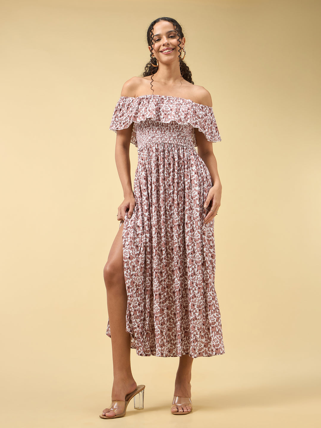Beige Off Shoulder High Slit Dress