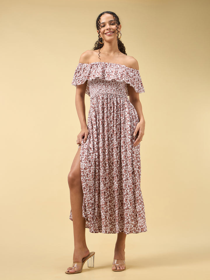 Beige Off Shoulder High Slit Dress