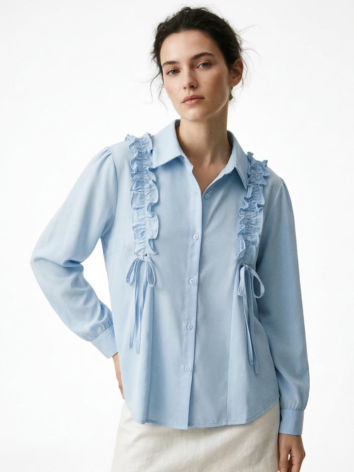 Light Blue Ruffle Detail Collared Top