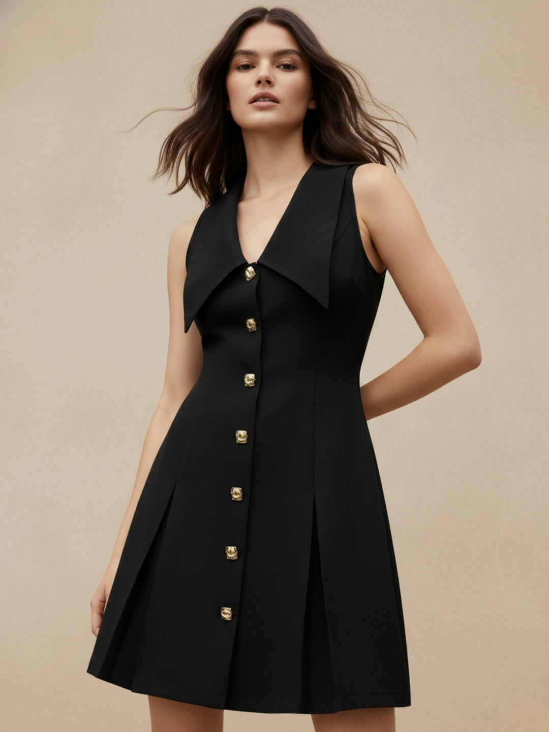 Black Plunge Neck Exaggerated Collared Dress