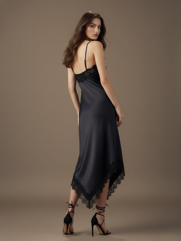 Black Satin Midi Dress With Assymetric Hemline & Eyelash Lace Detail