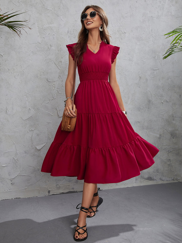 Red Waist Smocking Tiered Dress