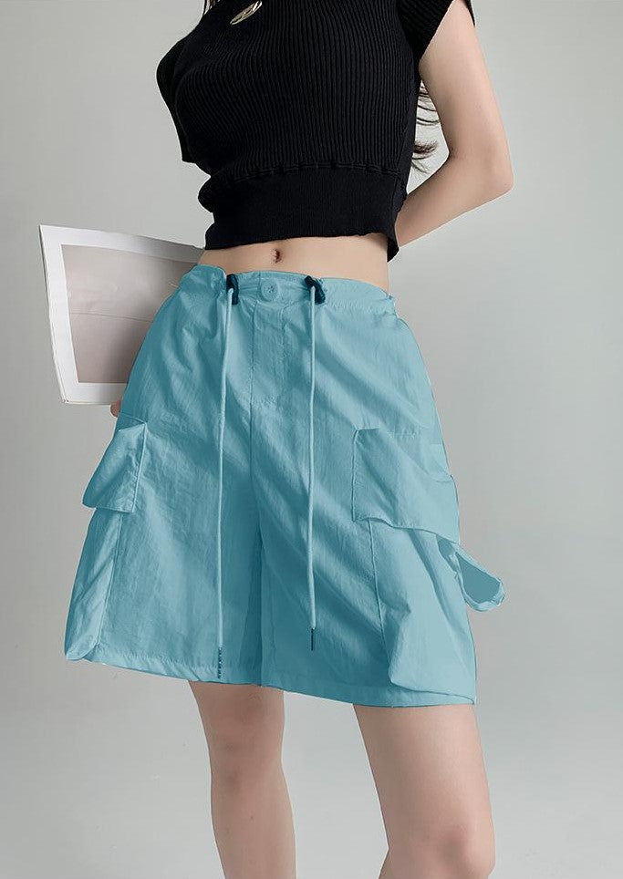 Blue Relaxed Fit Drawstring Cargo Shorts