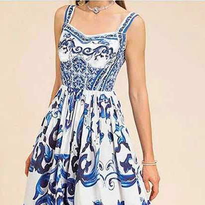 Blue Placement Print Tiered Maxi Dress