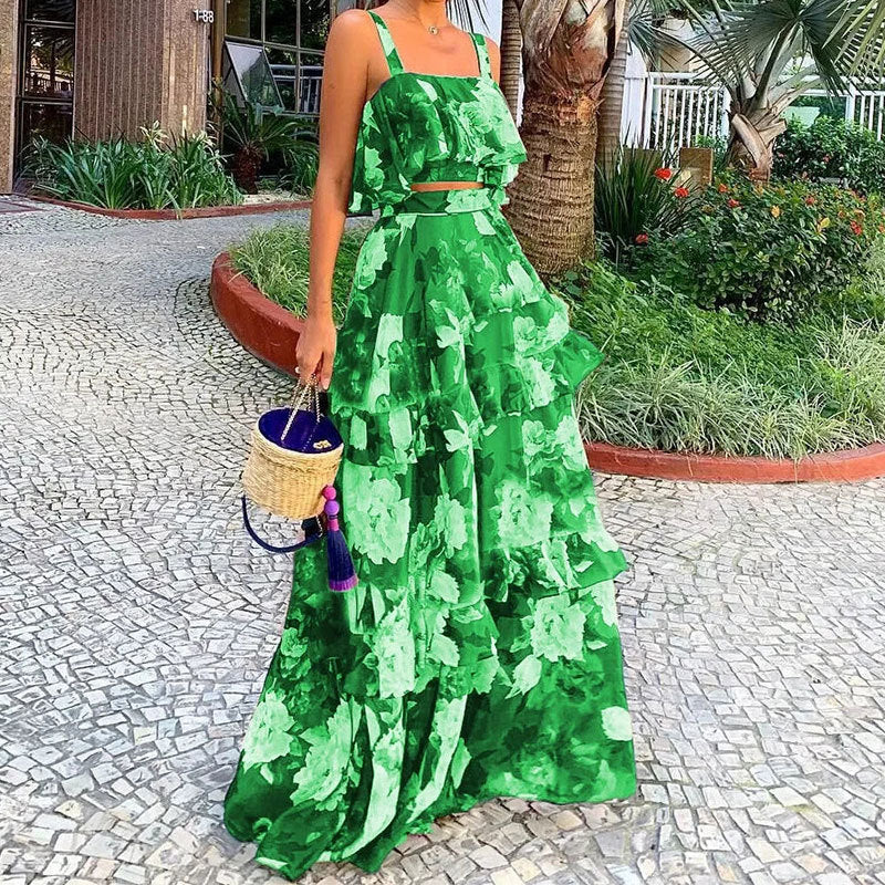 Green Printed Top And Skirt Co-Ord Set