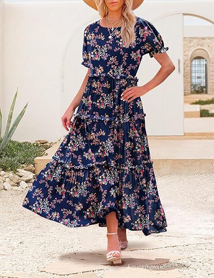 Navy Blue Scoop Round Neck Printed Tiered Dress