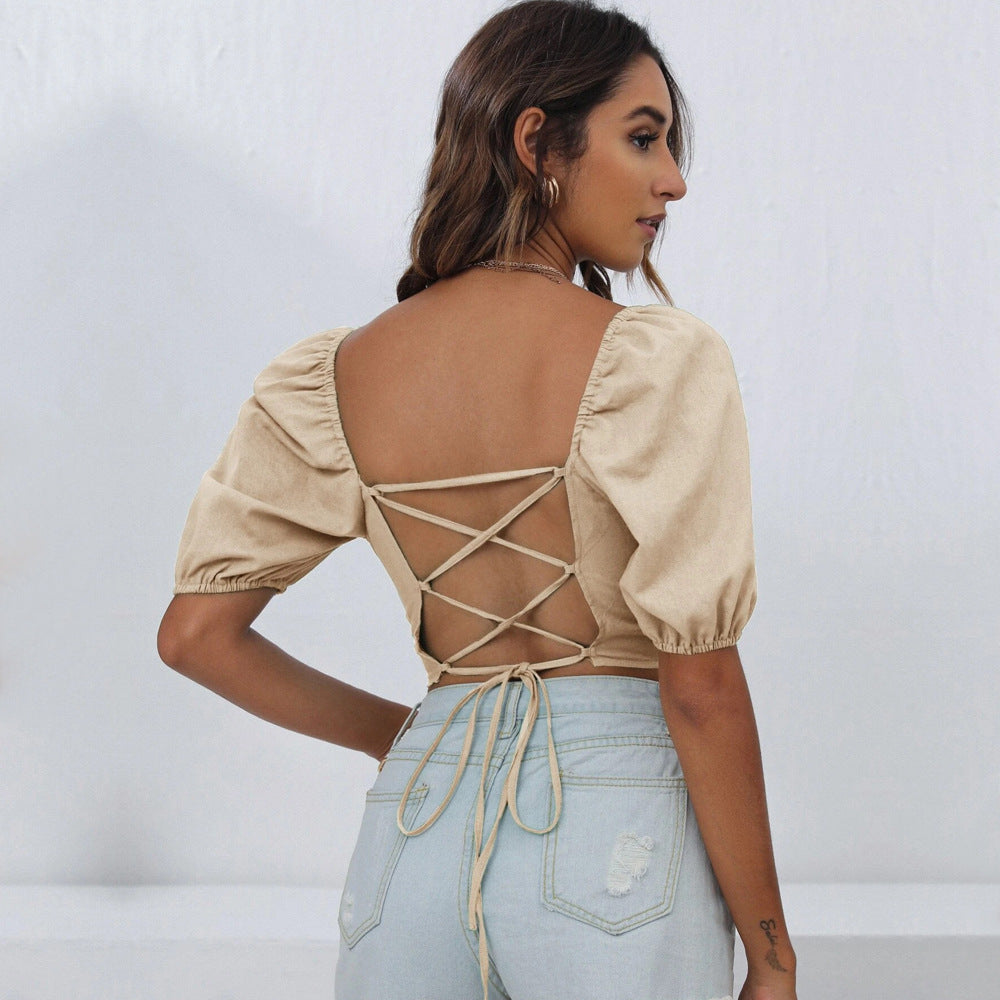 Khaki Puff Sleeved Square Neck Crop Top