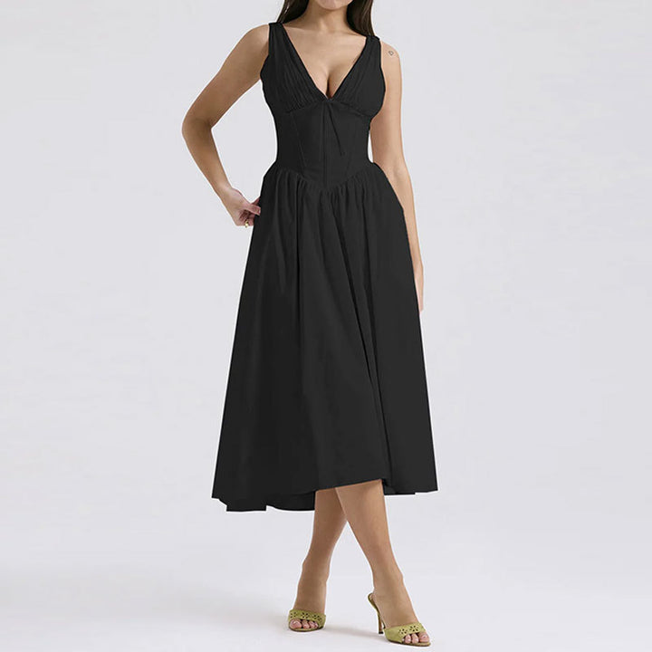 Black V Neck Corset Flared Dress