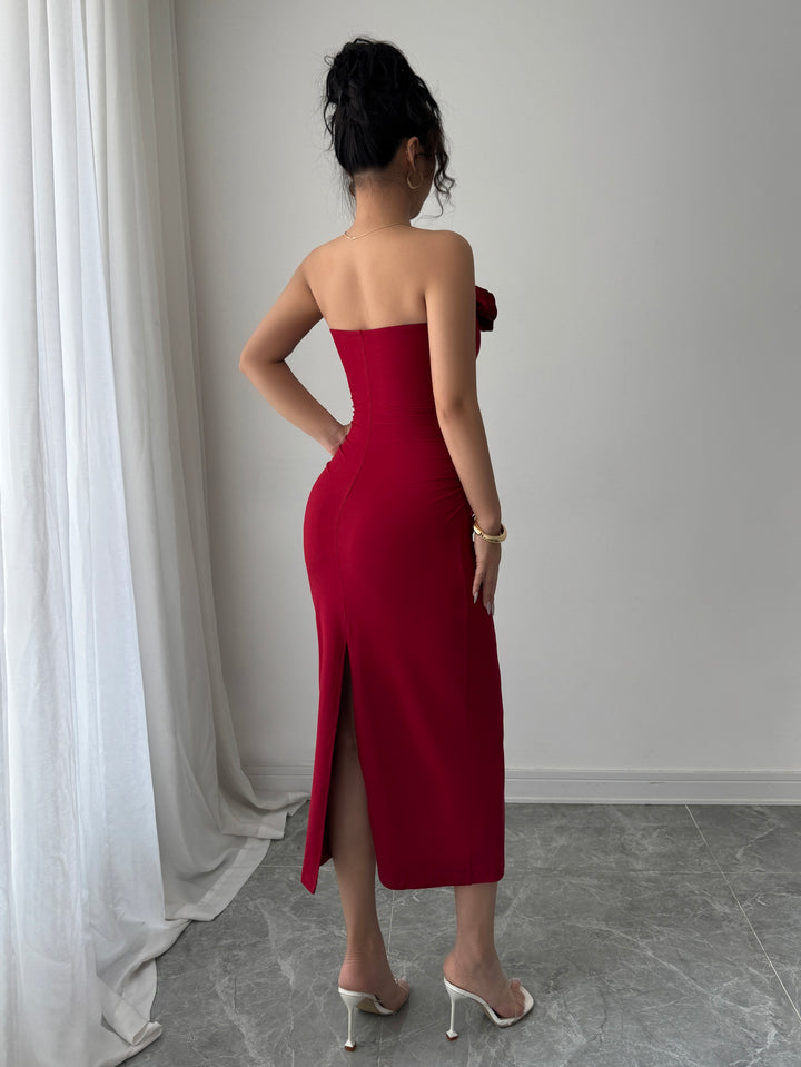 Red Strapless Flower Attached Dress