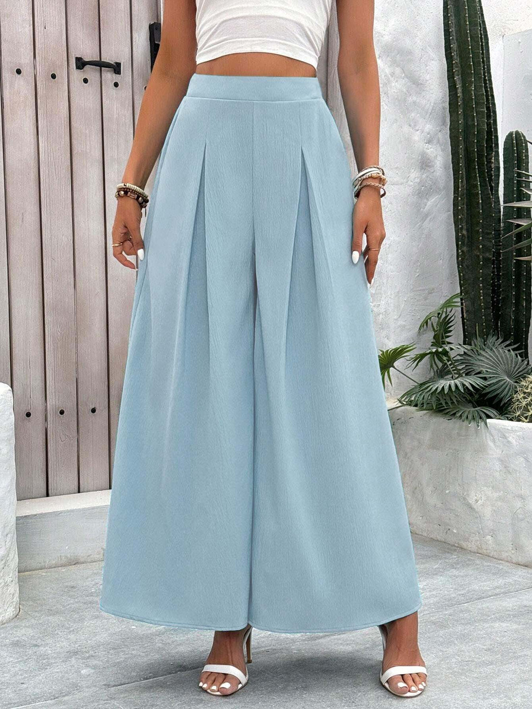 Blue Wide Leg Pleated Trouser