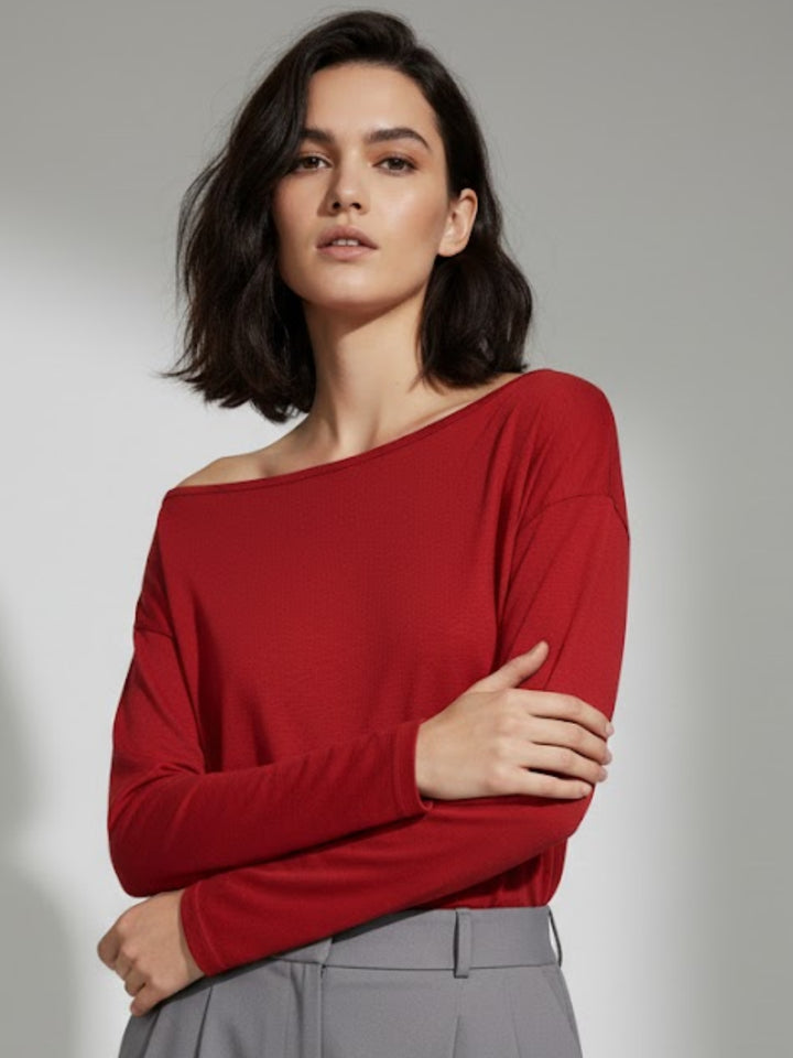 Red Off-Shoulder Solid Basic Sweater