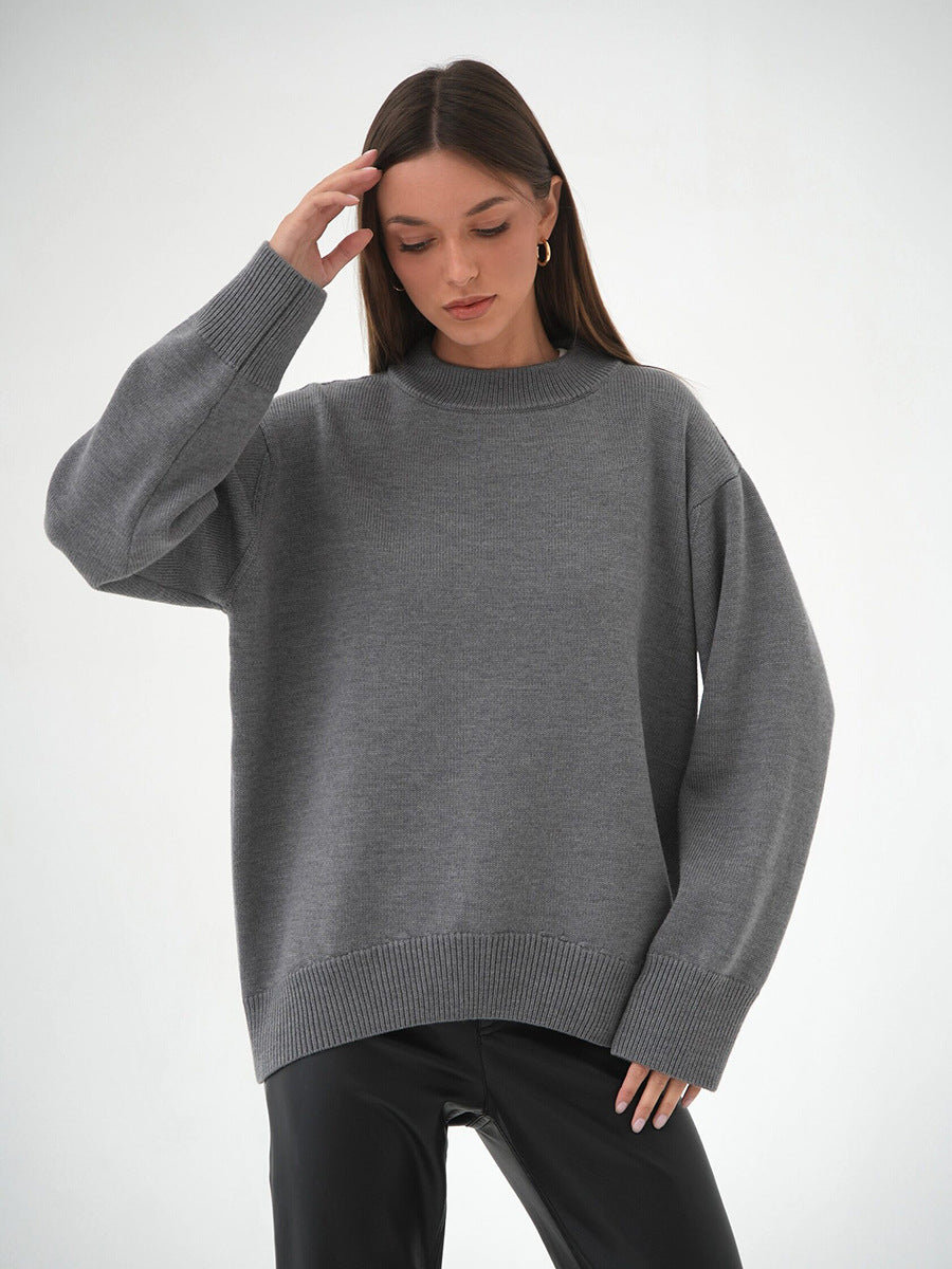 Grey Relaxed High Neck Solid Sweater