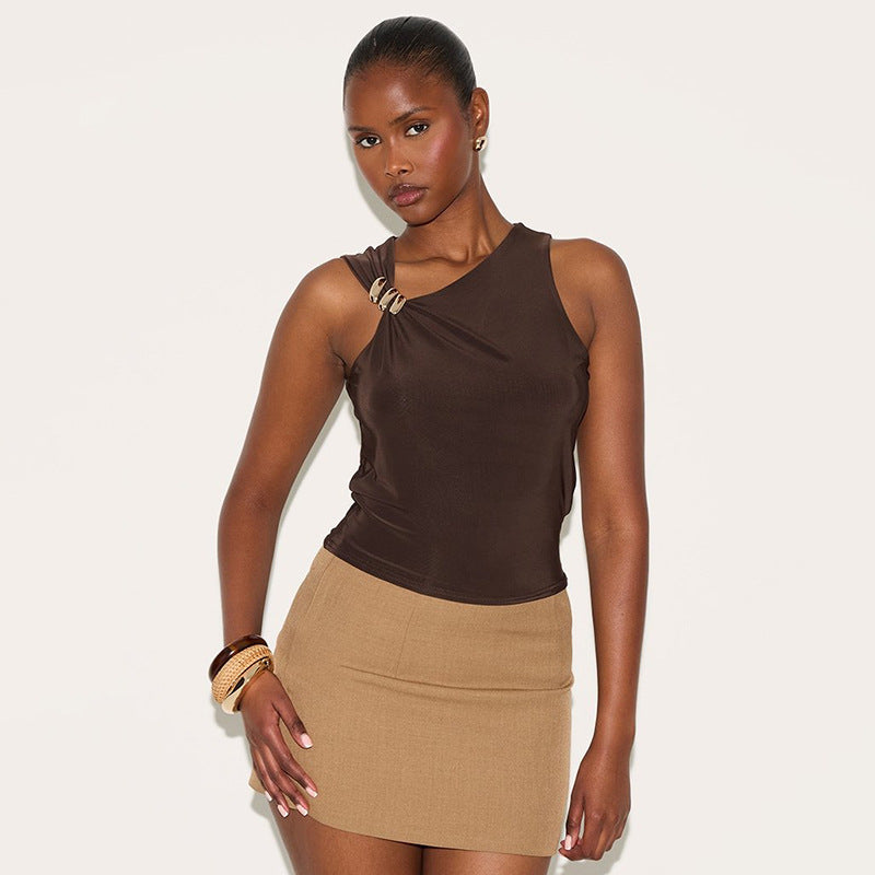 Brown One-Shoulder Fitted Tank