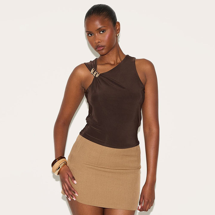 Brown One-Shoulder Fitted Tank