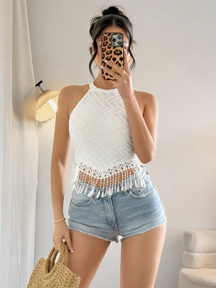White Textured Knit  Tassel Hanging Top