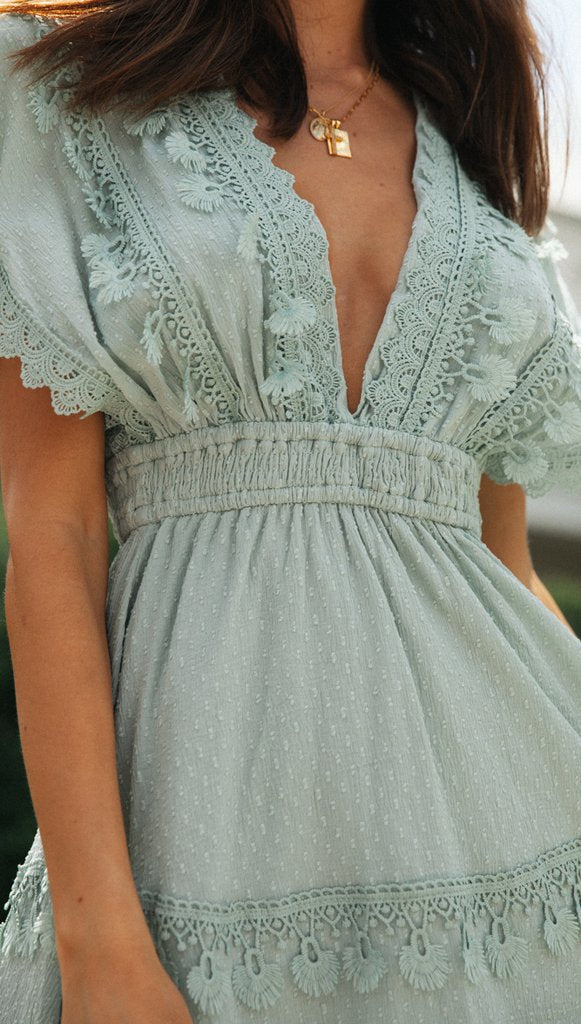 Green Plunge Neck Bat Sleeves Dress