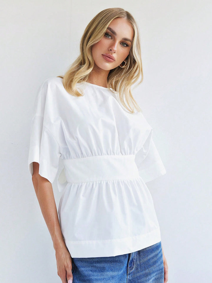 Beige Back Plunge Neck With Bow Detailing Top