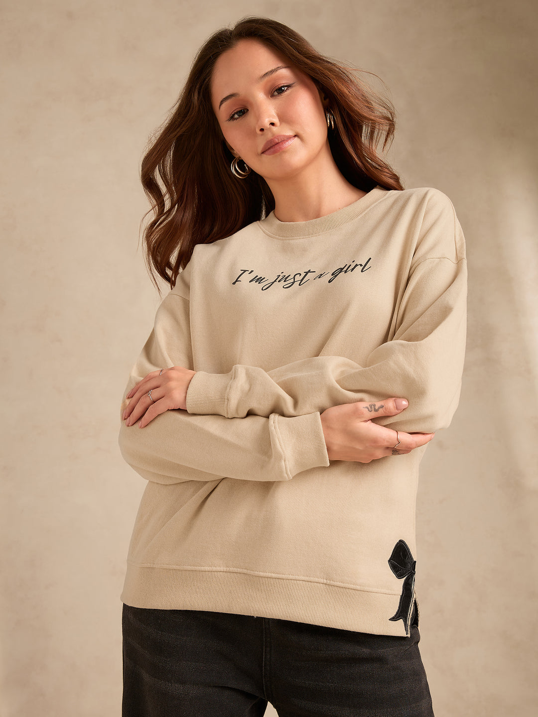 Beige Typographic Bow Sweatshirt